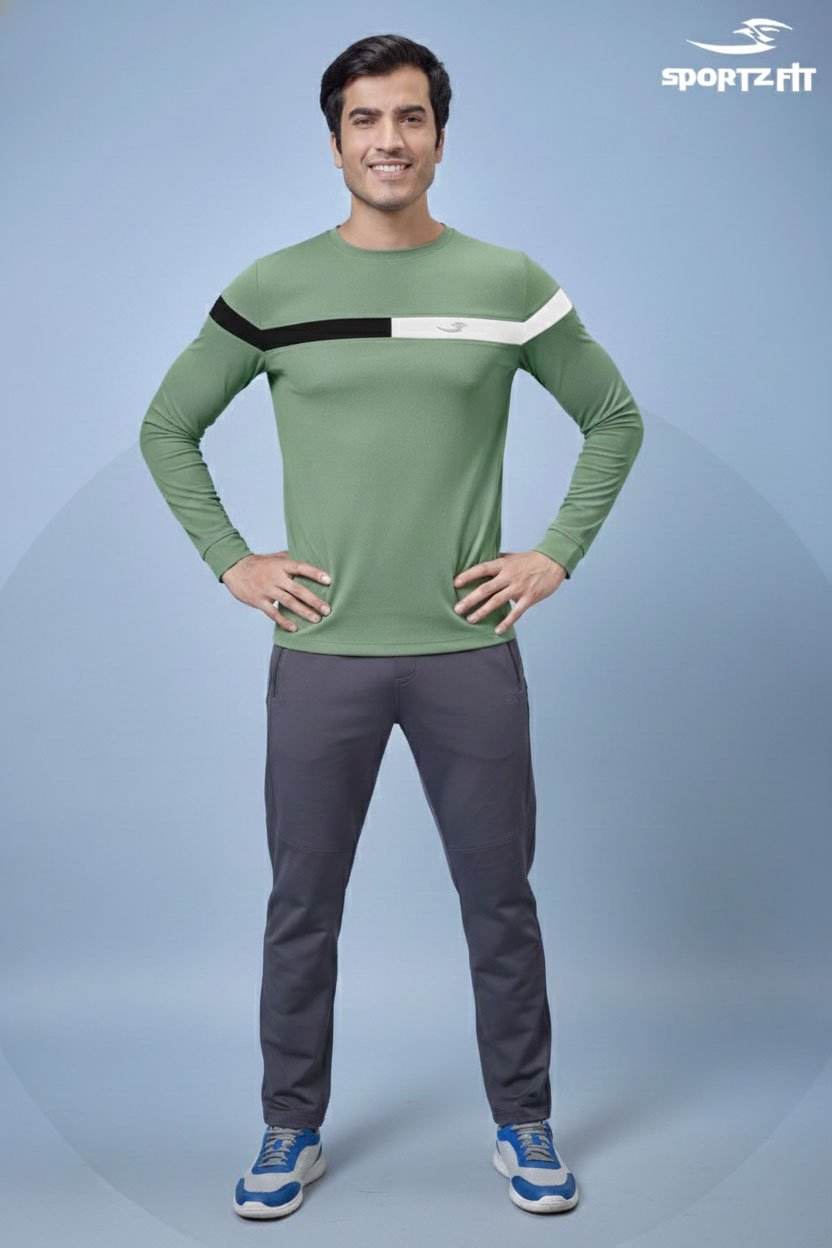 Men Round Neck Full Sleeve T-Shirt - Sage Green  | L | SBT60